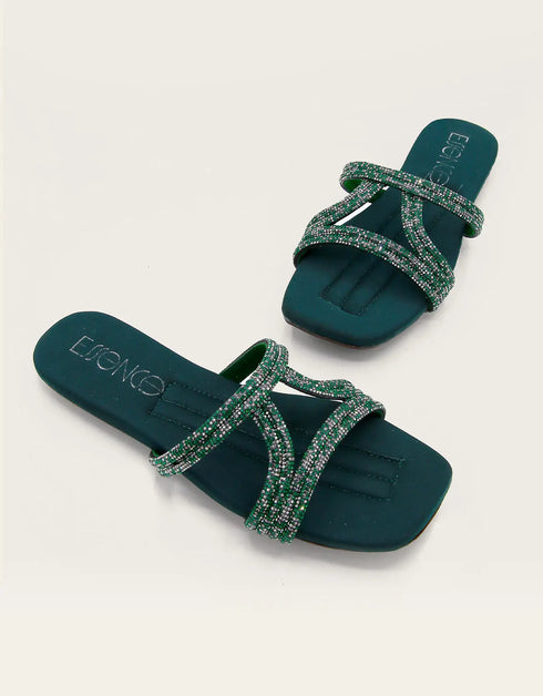 Verlina Green Beaded Flats with Crossover Straps – Essence by Rubina